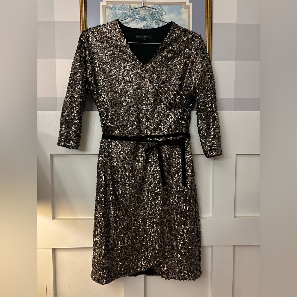 GUESS Black Gold Sequin Mini Dress Disco Glam Holiday Party NYE Size Large